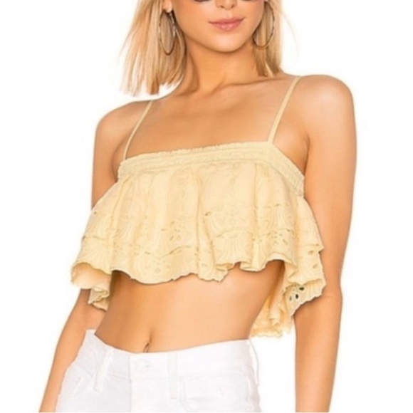 NWT Tularosa Stella Crop Top in Butter Yellow Ruffle Embroidered Smocked XXS - Picture 1 of 11